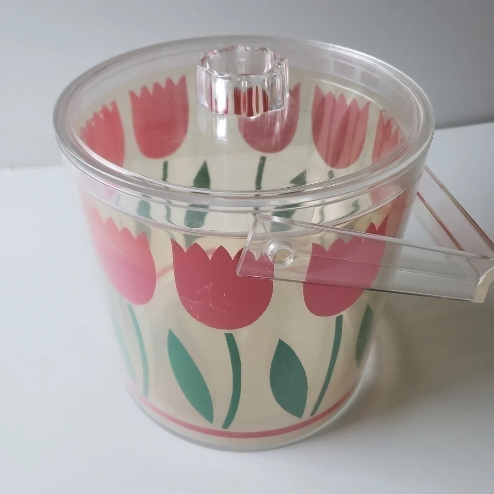 Vintage Mid Century Red Tulip Acrylic with Lid Ice Bucket